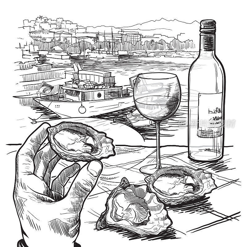 静物画一只手拿着牡蛎一瓶白酒和一对牡蛎放在桌子上。意大利拉斯佩齐亚全景。线性草图孤立在白色背景
