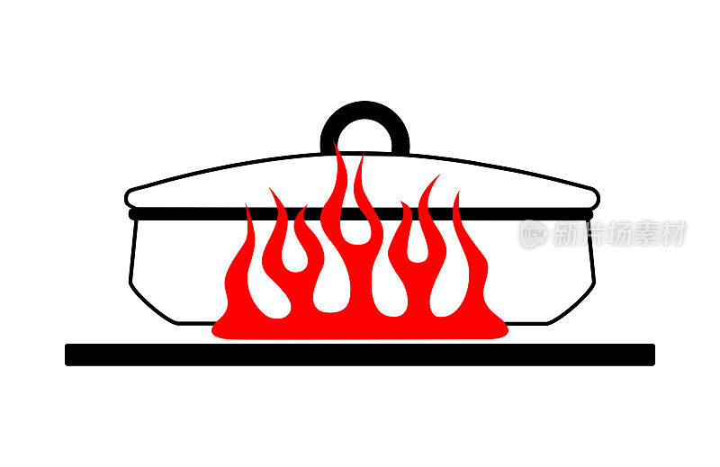 卡通平底锅，锅盖盖在红色煤气炉上。厨房锅着火的矢量图像。矢量图