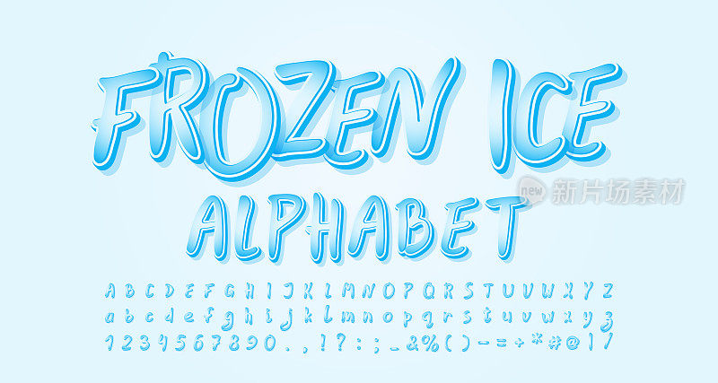 冷冻冰字母表。卡通手写字体的传单，海报，横幅的冬季主题。矢量图