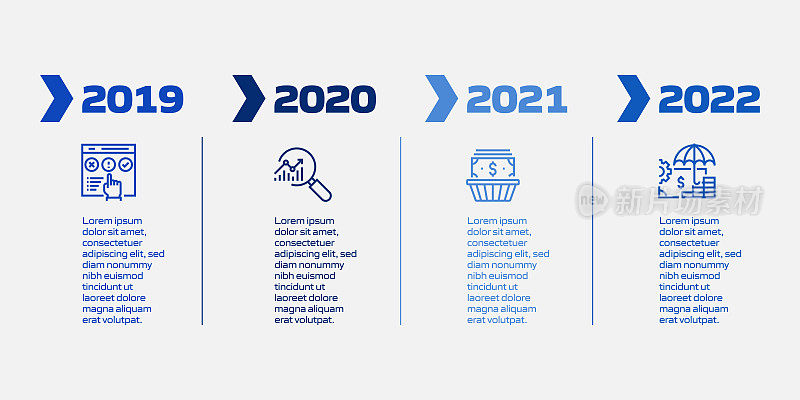 投资相关流程信息图模板。过程时间图。使用线性图标的工作流布局