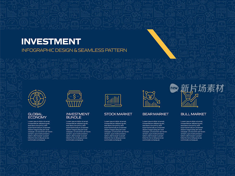 投资相关流程信息图模板。过程时间图。使用线性图标的工作流布局