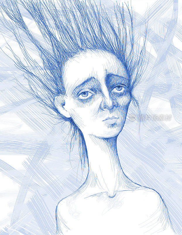 插图铅笔画肖像女孩的长头发和瘦肩膀在复古风格在一个抽象的背景铅笔笔画在蓝色的天空色调