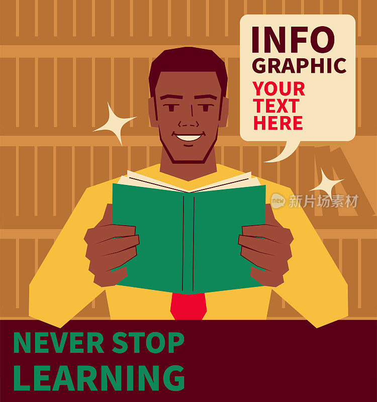 一个年轻英俊的非裔美国商人正在图书馆看书;永远不要停止学习;投资自己;知识就是力量