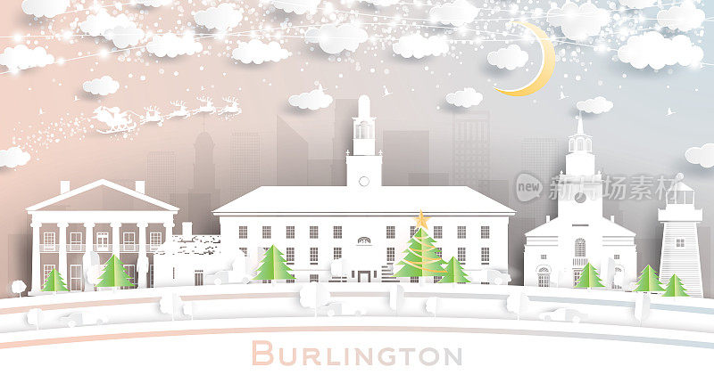 佛蒙特州伯灵顿市的天际线剪纸风格的雪花，月亮和霓虹花环。