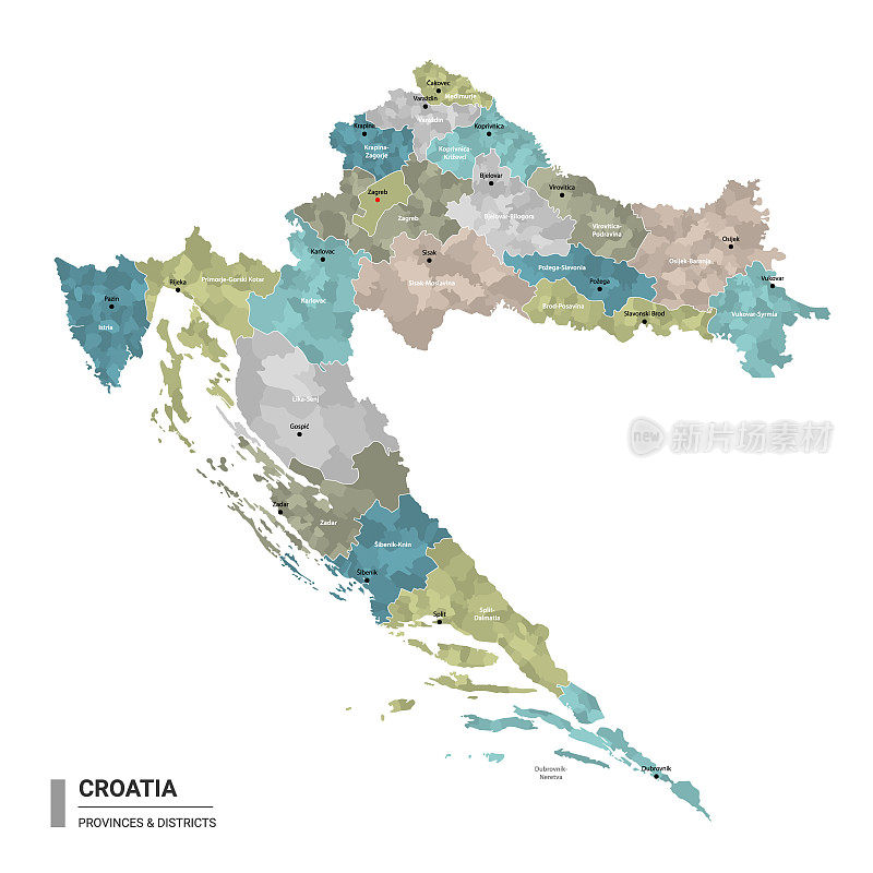 克罗地亚高细分详细地图。克罗地亚行政地图，有地区和城市的名称，颜色由州和行政区域。矢量插图。