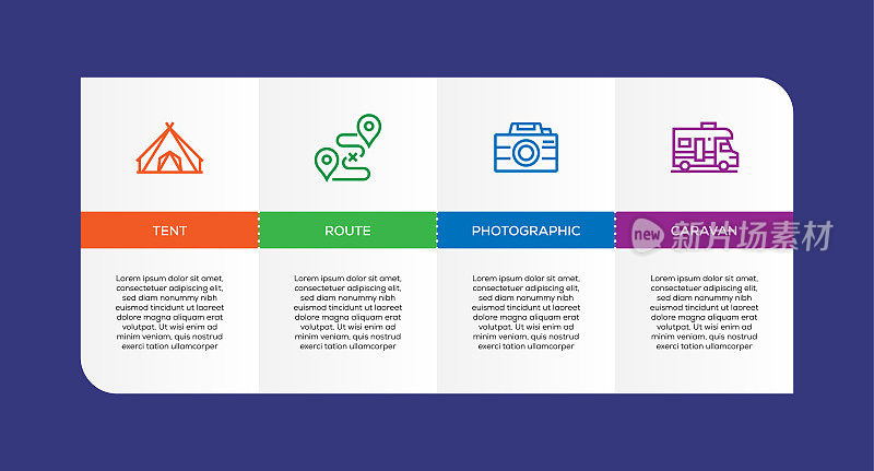 信息图表设计模板。帐篷，路线，摄影，大篷车图标与4个选项或步骤。
