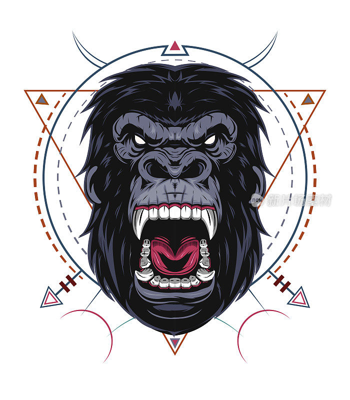 愤怒的大猩猩头-向量。插图中，凶猛的大猩猩头部带有神圣的几何图案，黑色背景上是愤怒的大猩猩的脸。kingkong头插图
