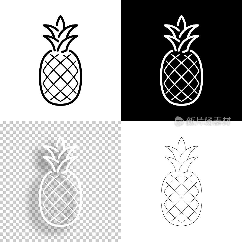 菠萝。图标设计。空白，白色和黑色背景-线图标