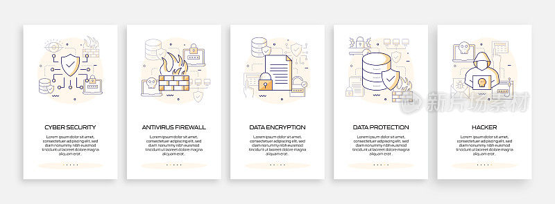 数据安全和网络安全概念的移动应用程序页面屏幕与平面图标。用户体验，用户界面设计模板矢量插图