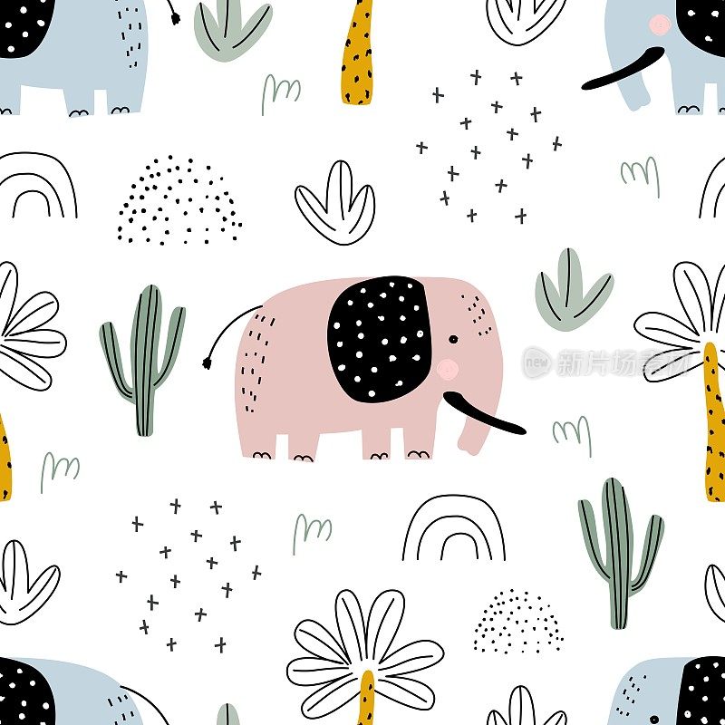 无缝safari模式与粉色和蓝色的大象，仙人掌和棕榈树在白色的背景。矢量插图印刷在包装纸，织物，明信片，服装。可爱的孩子们的背景