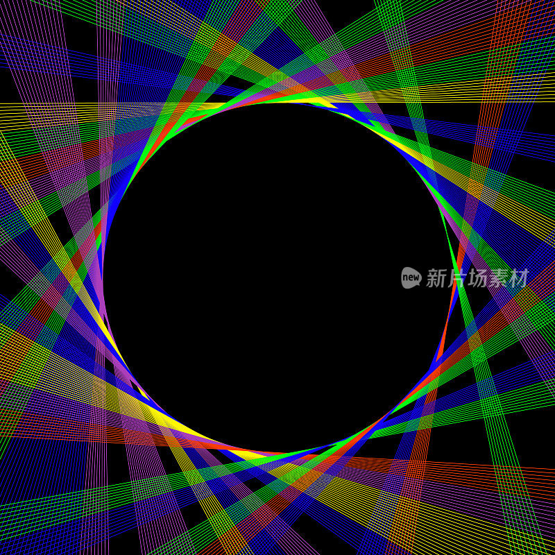 抽象的多色线旋转和触摸黑色球体，复制空间在中间。