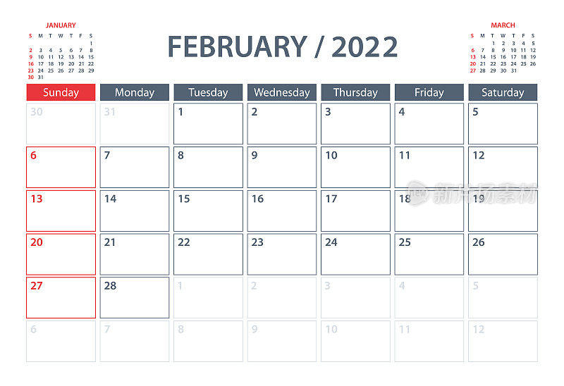 2022年2月日历规划器矢量模板。一周从周日开始