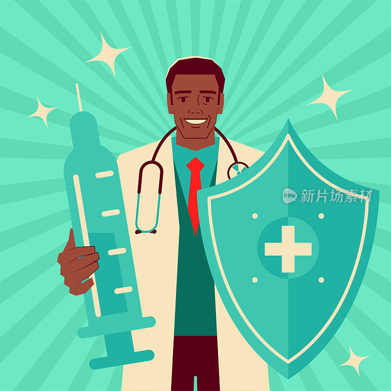 自信成熟的医生戴着听诊器，拿着盾牌和大注射器与疾病作斗争