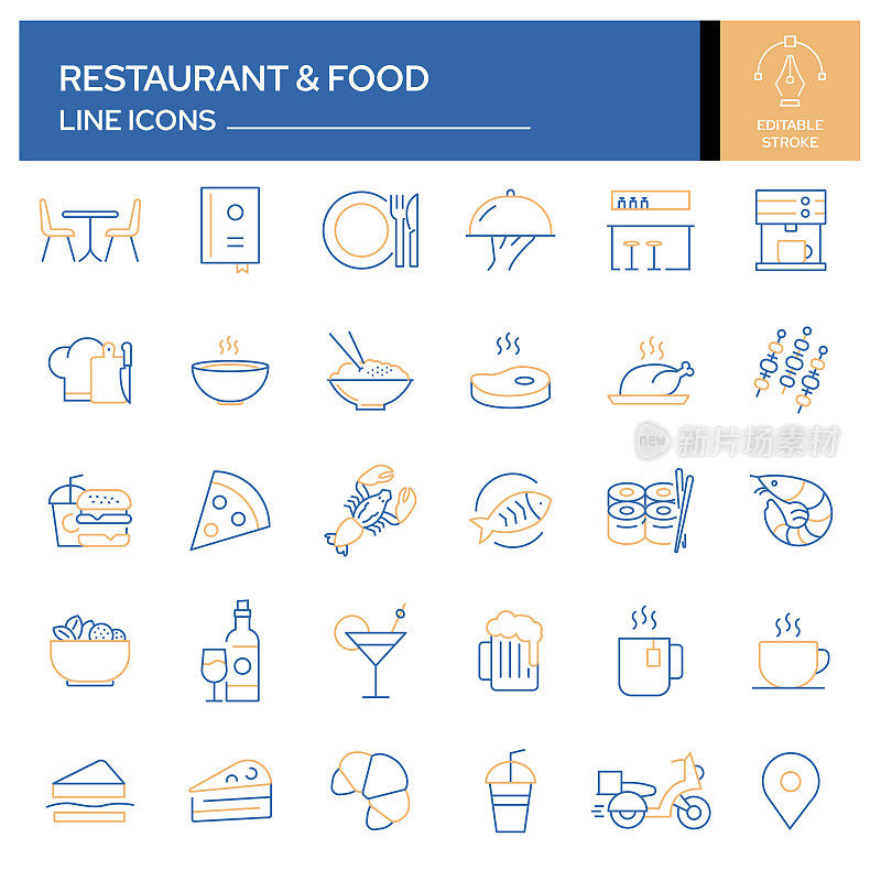 一套餐厅和食品相关的线图标。轮廓符号集合，可编辑的描边