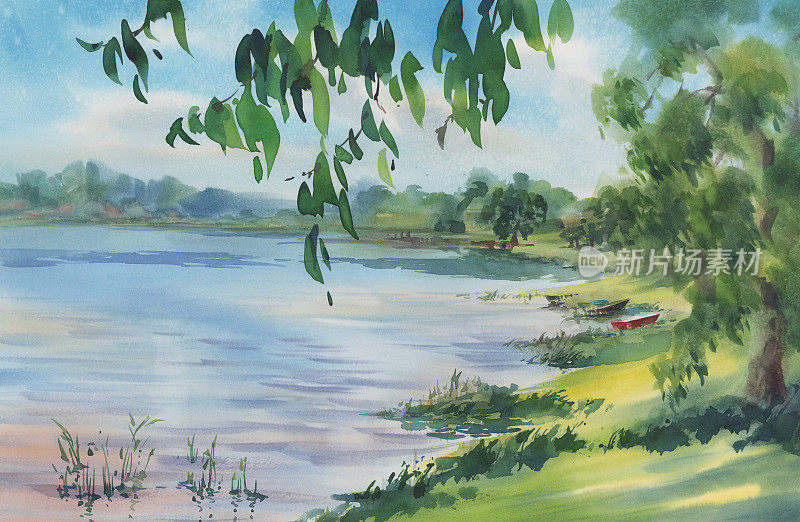 在春天的水彩背景下，湖边的小船