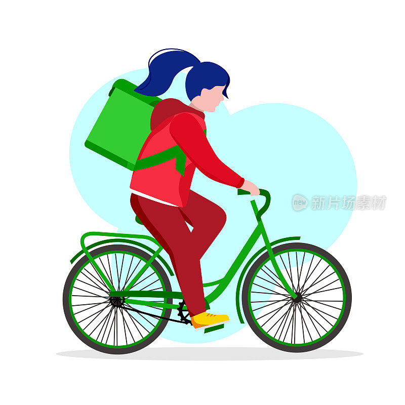 快递服务，一名骑自行车的快递女孩将网上订单送到你家。矢量插图。你可以用它来制作网站、手机应用、海报、明信片或传单。