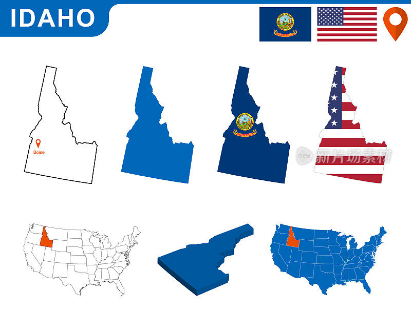 美国爱达荷州的地图和旗帜。