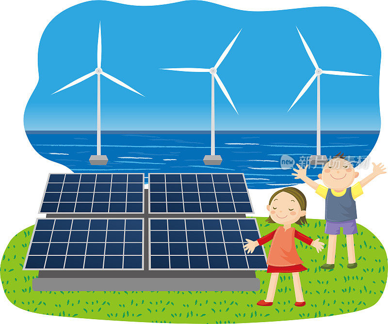 太阳能和风能，清洁能源，深呼吸儿童，可持续发展目标