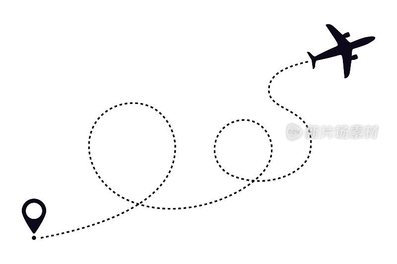 飞机航线航线。旅行飞机路径起点和虚线轨迹，飞机轨迹图标。矢量图