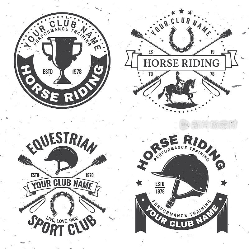 套赛马运动俱乐部徽章、补丁、会徽、标志。矢量插图。复古的单色马术标签与骑手和马的轮廓。骑马运动。概念衬衫或标志，印刷，邮票或t恤。