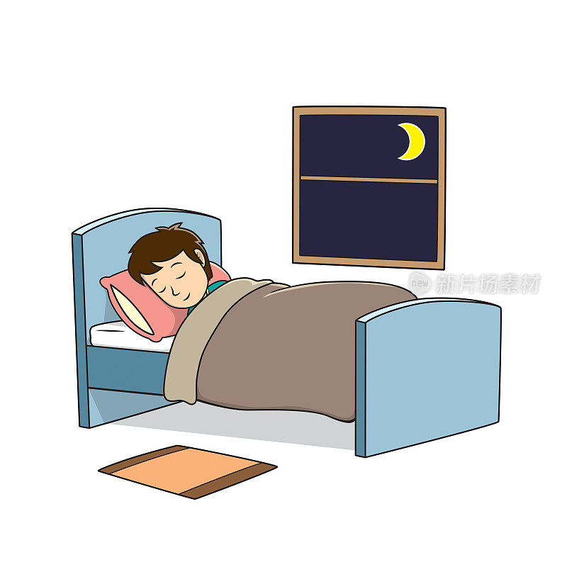 矢量插图的孩子的活动着色书页与一个睡觉的男孩的图片。
