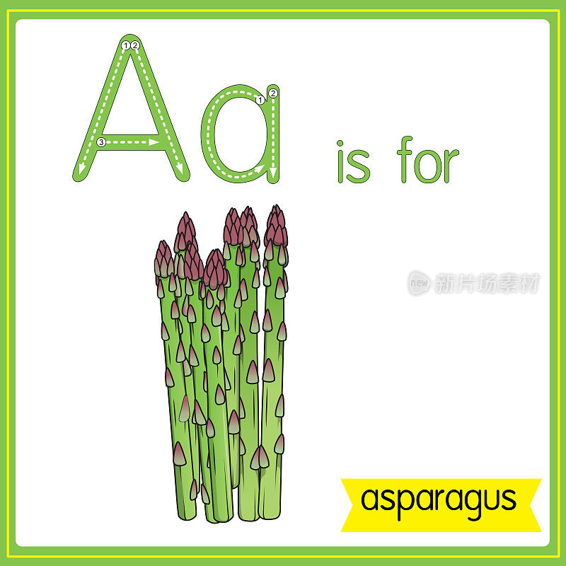 矢量插图学习字母为儿童与卡通形象。字母A代表芦笋。