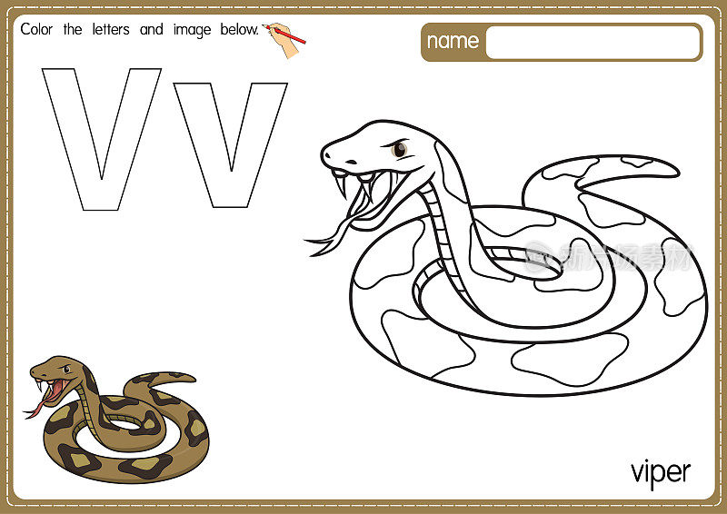 矢量插图的儿童字母着色书页与概述剪贴画，以颜色。字母V代表毒蛇。