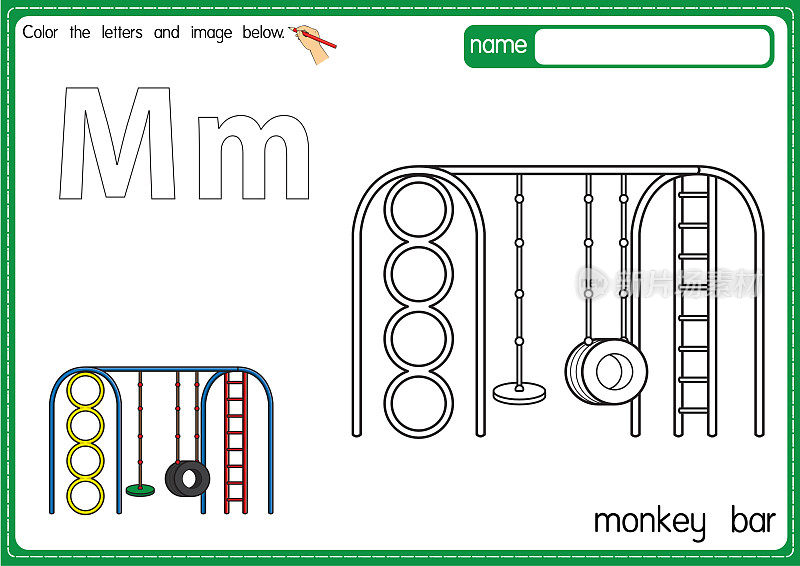 矢量插图的儿童字母着色书页与概述剪贴画，以颜色。字母M代表猴子吧。