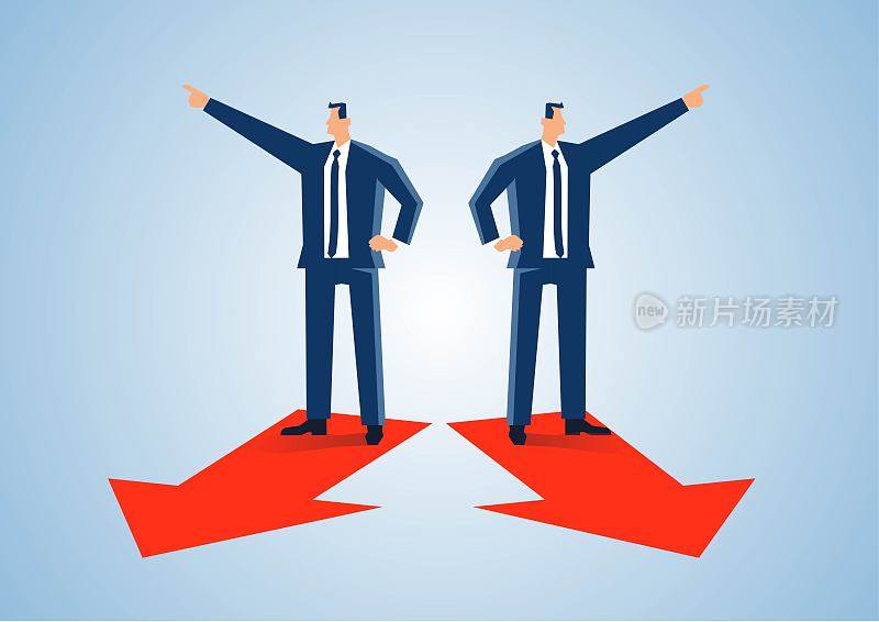两个商人站在指向不同方向的箭头上，展示商业概念