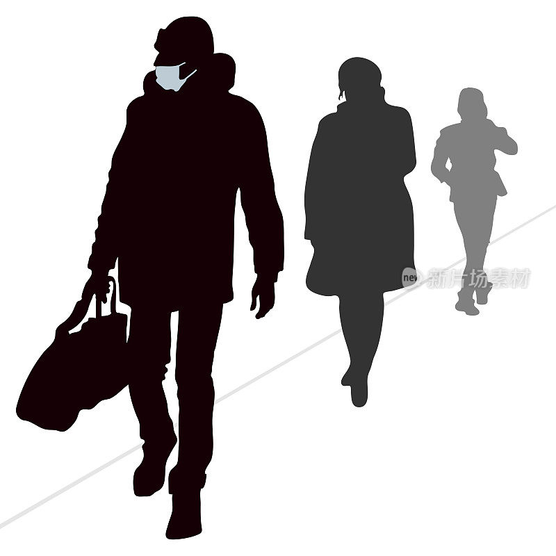 路人的矢量剪影。一个拿着包带着面具的男人，一个穿着皮大衣的女人。一个人慢慢的走向远方。两男一女。