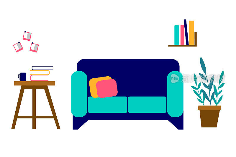 家具:沙发、书架、桌面。明亮的客厅内部。平面风格的插图。