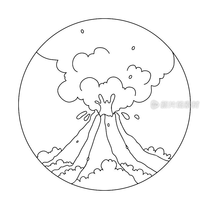 火山喷发。卡通风格轮廓矢量插图火山喷发与热熔岩和烟雾。颜色的书