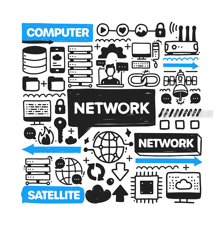 网络对象和元素。矢量涂鸦插图收集。手绘图标集或横幅模板