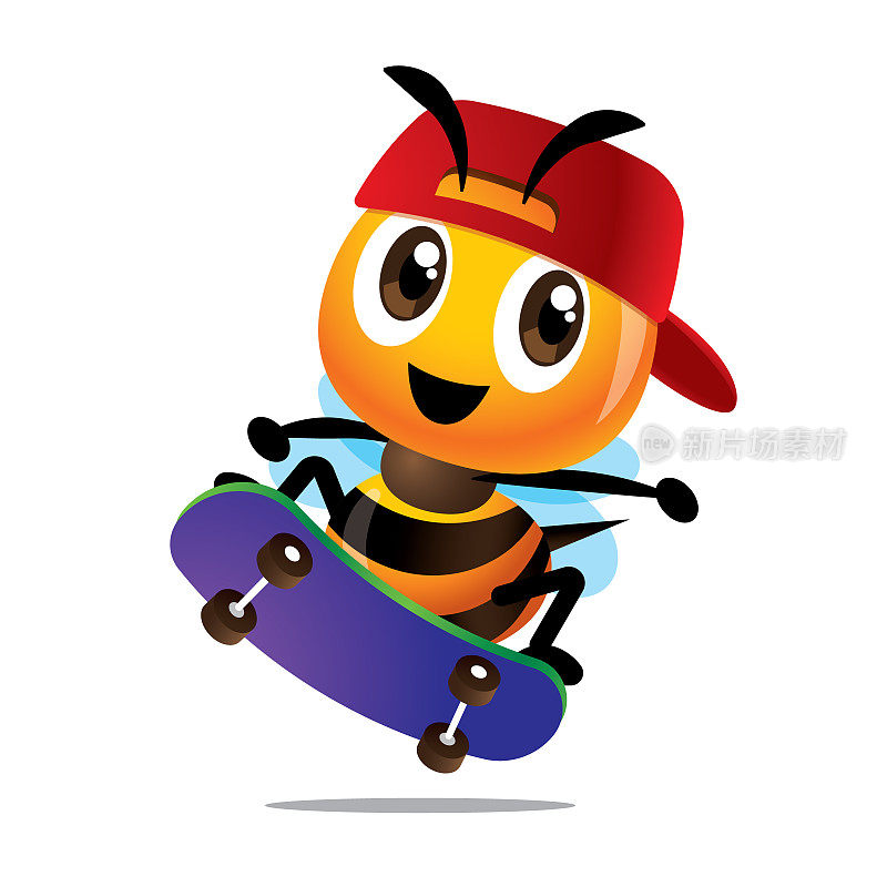 卡通可爱的蜜蜂滑板极限运动。戴着棒球帽玩滑板的蜜蜂喜欢街头运动。人物插图