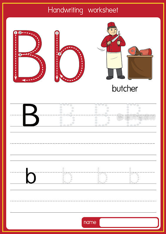 向量插图屠夫与字母B大写字母或大写字母为儿童学习练习ABC