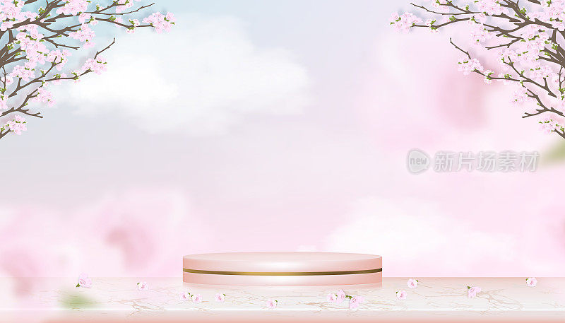 讲台展示春天的苹果花在蓝色和粉红色粉彩天空背景，粉色黄金圆柱体的矢量逼真3D站在玫瑰金箔大理石平台上开花的树枝粉红色的樱花