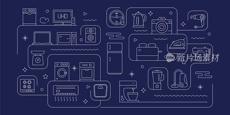 家用电器相关矢量横幅设计概念，现代线条风格与图标