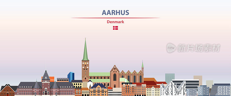 奥尔胡斯的日落天空背景矢量插图与国家和城市的名字和丹麦的国旗