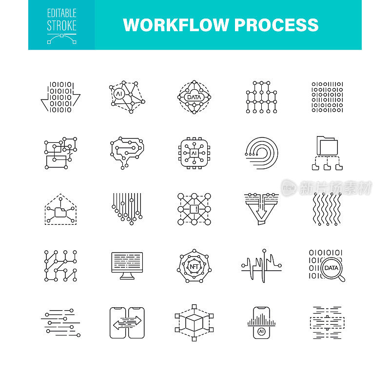 工作流过程图标可编辑的笔画。包括数据处理、大数据、云计算、人工智能、机器学习等图标