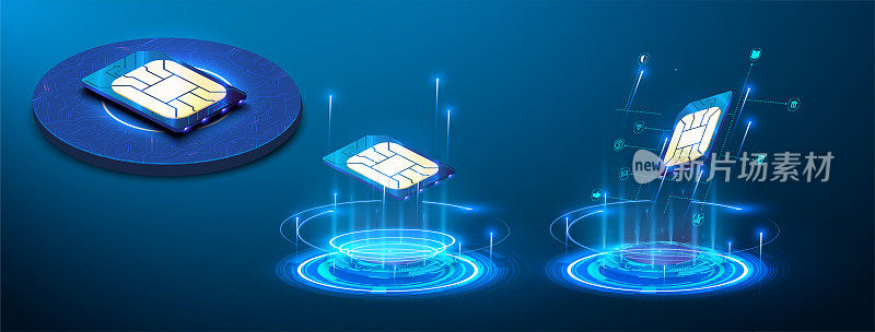 sim卡芯片的标志。全息投影。一个新的现代创新的SIM卡。嵌入式SIM的概念。新型移动通信技术和处理器背景电路板。向量