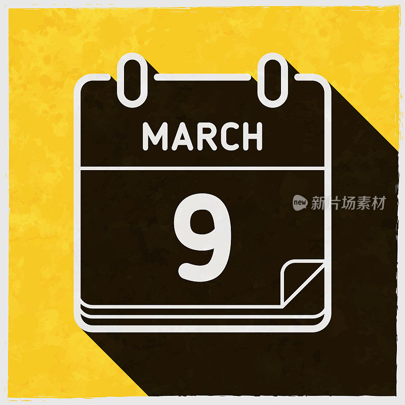 3月9日。图标与长阴影的纹理黄色背景