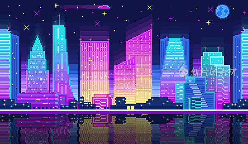 夜晚的城市景观霓虹灯像素背景与高层建筑。像素夜城的游戏