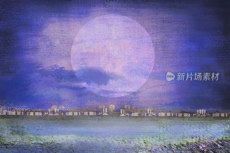 神奇的水平背景，城市上空有一个星形圆盘