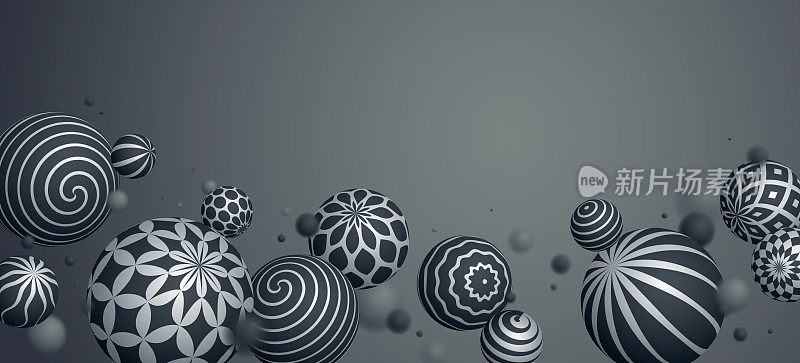 抽象的球体矢量背景，用图案装饰的飞行球的组成，3D混合各种现实的球体与饰品，与空白的复制空间。