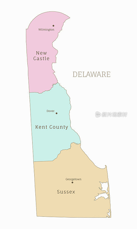 美国联邦州特拉华州行政彩色地图