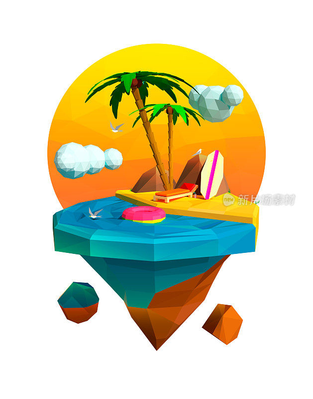 飞行岛与海，棕榈树，冲浪板，旅游，旅行，三角形插图