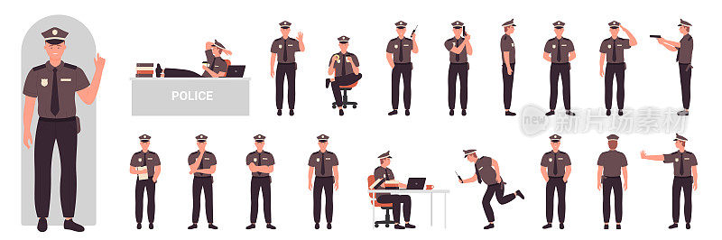 男警察人物动态姿势，侧面，前后视图设置与保安