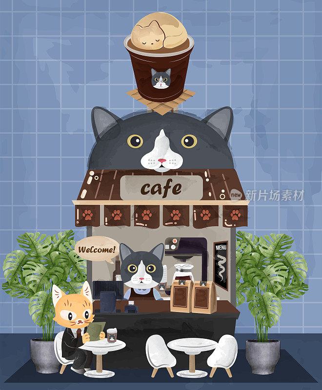 猫Café水彩矢量插图