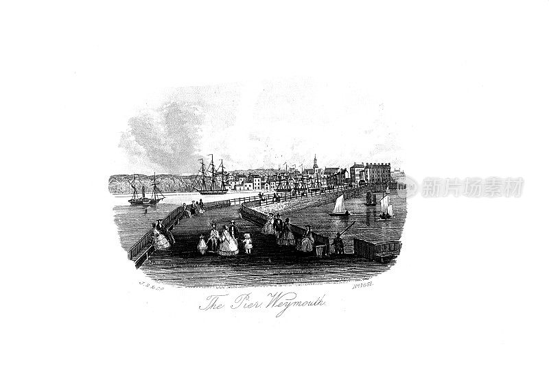1860年韦茅斯、梅尔库姆里吉斯及周边地区的黑白景观;从镇里的码头望去