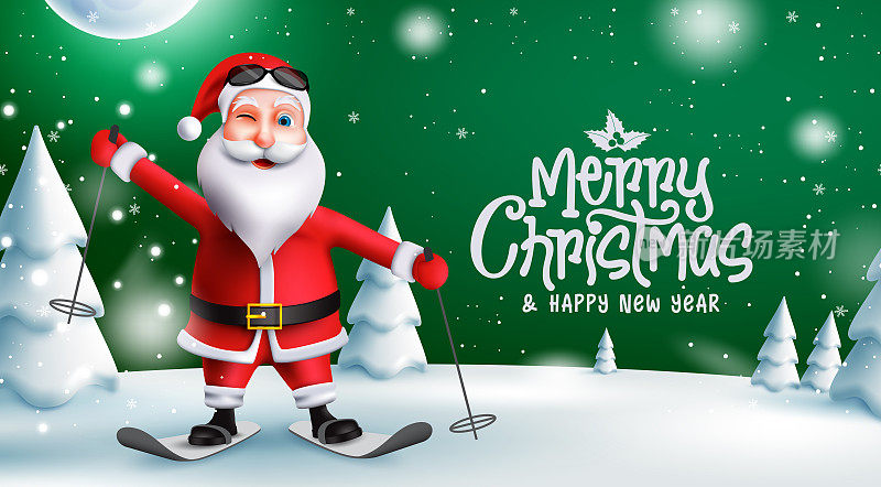 圣诞问候矢量设计。圣诞快乐的文字与圣诞老人的性格与滑雪元素在雪的圣诞节假期。